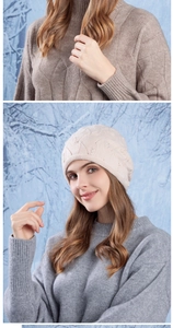 Detailed close-up of winter knit beanie with pearl accents on a warm texture material