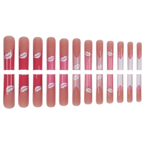 Extra long French ballet press-on nails with red gradient and white lip patterns