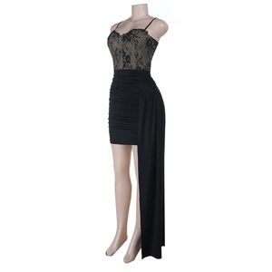 Detailed side view of a black lace corset dress featuring elegant ruched fabric and a long sash