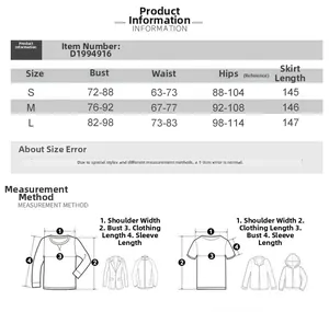 Size chart for women's long dress showing bust waist hips and length measurements