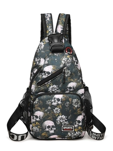 Crossbody-Brusttasche mit Totenkopf-Blumenmuster, verstellbarem Gurt und Kopfhörerloch