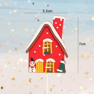 Soft rubber Christmas cottage cake topper with snow, snowman and tree decoration, 5.2x7cm