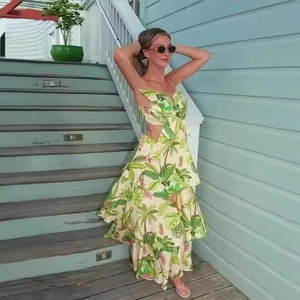 Robe Midi À Imprimé Tropical Tissage Ajouré Bretelles Spaghetti Jupe À Étages Taille Haute Vacances D'Été Pour Femmes
