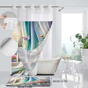 Detail of waterproof waffle fabric shower curtain with metal grommets and floral prints