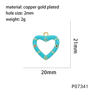 Detailed view of hollow heart pendant with blue enamel and colorful stones