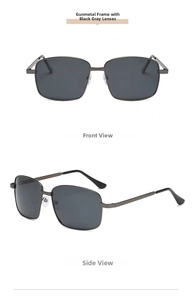 Detail view of square gunmetal polarized sunglasses with durable metal frames and grey lenses