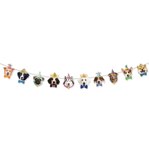 Colorful pet birthday banner with 10 diverse dog breeds wearing party hats on a white background