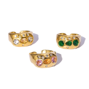 Vintage 18k gold plated stainless steel open rings set with colorful zircon stones