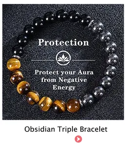 Detail of 7 Chakras triple protection bracelet with tiger eye and obsidian beads