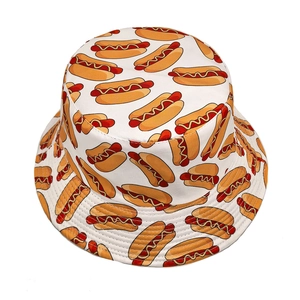 White reversible bucket hat with cartoon hot dog pattern for sun protection outdoors