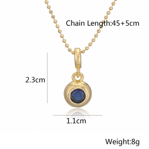Detail showing 45+5cm gold chain and 2.3cm blue zircon sphere pendant specifications