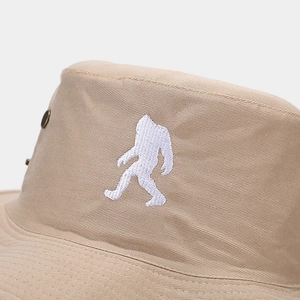 Khaki outdoor sun hat with bigfoot silhouette embroidery and breathable side vents