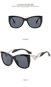 Vorder- und Seitenansicht der Schmetterling-Cat-Eye-Sonnenbrille mit silbernen Bügeln