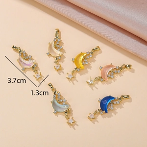 Golden crescent moon and star pendants with inlaid cubic zirconia in multiple colors