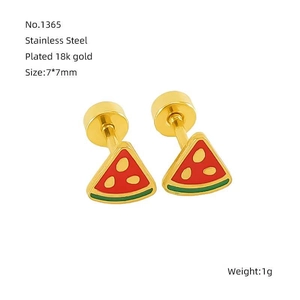Detailed view of 18k gold plated stainless steel watermelon stud earrings measuring 7x7mm