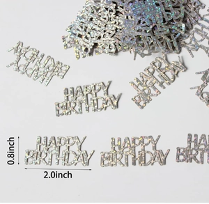 Detail of silver holographic Happy Birthday confetti with 2.0x0.8 inch size specs