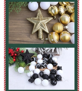 Detailed set of gold, white and black Christmas ornaments with diverse finishes and stars