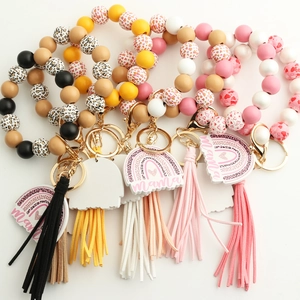 Mama Beaded Keychain Wristlet Silicone Wood Beads Tassel Rainbow Pendant Mothers Day Gift Elastic Bangle For Women