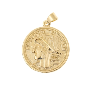 Detailed macro view of 18K gold plated coin pendant with Marianne portrait relief