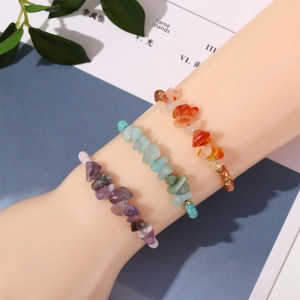 Handmade woven natural crushed stone bracelets in purple, light blue and orange-red