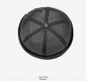 Top view of breathable black mesh dockers cap with six-panel dome and rolled edge