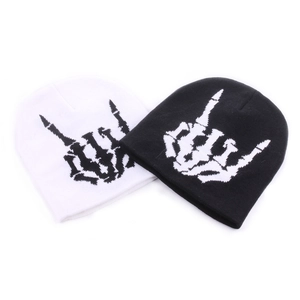 Bonnet Beanie Main Squelette Tricot Acrylique Chaud Hiver Punk Hip Hop Streetwear Halloween Geste Motif Os Unisexe