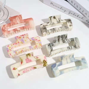 Fashion Floral Marble Pattern Rectangular Hair Claw Clips Hollow Large Square Acetate Hairpins For Women Daily Commute