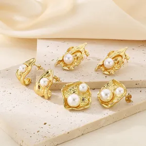Boucles D'oreilles Künstliche Perle Géométrique Acier Inoxydable Plaqué Or 18K Texture De Lave Irrégulière Bijoux Vintage Pour Femmes