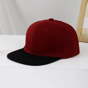 Detailed side view of kids two-tone flat brim baseball cap in red and black