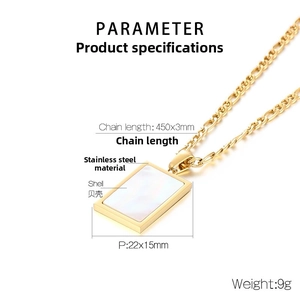 Detail van goudkleurige stalen ketting met rechthoekige witte schelp en Figaro schakels
