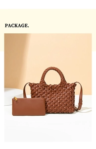 Detailed view of brown woven tote bag set featuring matching clutch on minimalist background