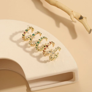 Set of four 14K gold plated open rings with colorful zircon heart and geometric shapes