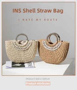 Detail of shell fringe and circular handles on striped straw beach handbag