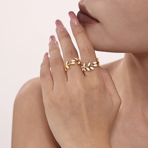 18k gold plated leaf vine rings set with white enamel inlay for women fashion