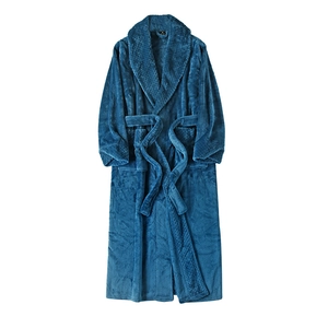 Thick navy blue flannel bathrobe with quilted shawl collar and tie belt for winter comfort