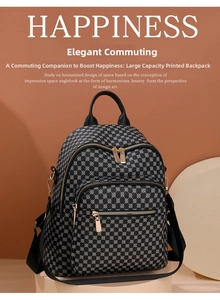 Close-up of printed backpack with geometric patterns and gold-tone metal zippers