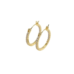 Minimalist 14K gold hoop earrings featuring a row of sparkling white zircon stones