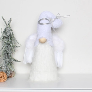 Detailed view of a white plush Christmas gnome with feather wings and silver ribbon