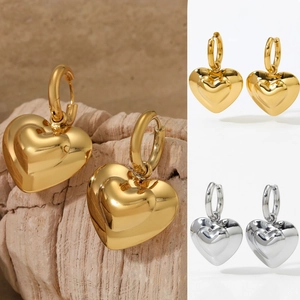 Stainless Steel Heart Hoop Earrings For Women Puffy 3D Hollow Design Polished Fashion Jewelry