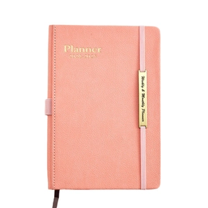 Coral pink faux leather 2024-2025 planner with elastic band and gold metal hardware