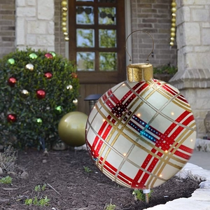 Outdoor 60cm Christmas inflatable PVC ball with red and gold plaid pattern and ground stake