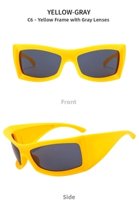Front and side view of futuristic yellow sports sunglasses with grey lenses