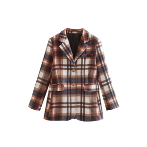 Classic plaid blazer for women featuring brown orange check pattern with button closure