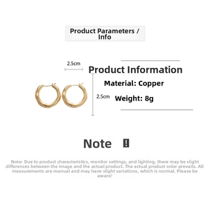 Detailed view of 18K gold plated copper earrings with measurements and 8g weight specs