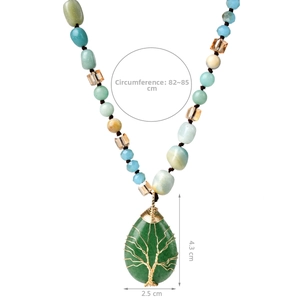 Detailed view of the tree of life wire-wrapped green gemstone pendant with dimensions