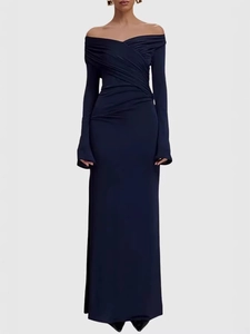 Elegant off-shoulder navy blue evening gown with long sleeves and a slim-fit mermaid silhouette