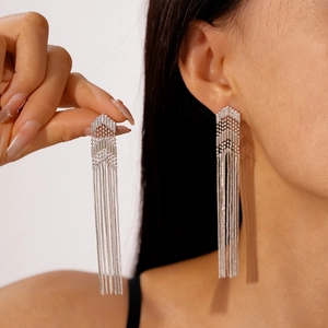 Silver metallic arrow tassel earrings with long chain fringe for stylish women