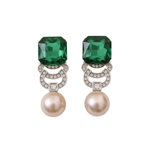 Vintage style square green crystal and pearl drop earrings with sparkling rhinestones