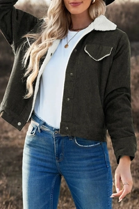 Detail of dark green corduroy jacket showing white sherpa fleece collar and texture