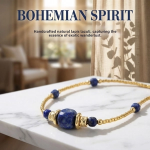 Macro detail of Bohemian beaded necklace with natural lapis lazuli and gold accents